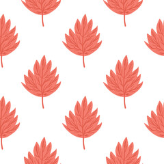 Isolated seamless pattern with simple doodle autumn leaves elements. Pink contoured print on white background.