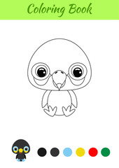 Coloring book little baby toucan sitting. Coloring page for kids. Educational activity for preschool years kids and toddlers with cute animal. Black and white vector stock illustration.