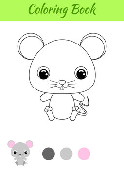 Coloring book little baby mouse sitting. Coloring page for kids. Educational activity for preschool years kids and toddlers with cute animal. Black and white vector stock illustration.