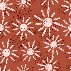 Simple seamless geometric pattern with white sun random print. Orange background with splashes.