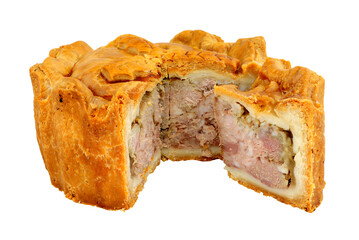 Pork pie baked in a rich cold water crust pastry isolated on a white background