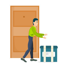 Courier brought the parcel, online shopping, door-to-door delivery. The vector concept is isolated on a white background. The man delivered the food