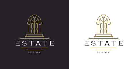 Vintage royal door line icon. Classic luxury estate realty company logo emblem. Old property facade doorway entrance sign. Vector illustration.