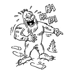 Bigfoot laughs and points a finger, winter joke, black and white cartoon