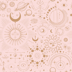 Vector illustration set of moon phases. Different stages of moonlight activity in vintage engraving style. Zodiac Signs