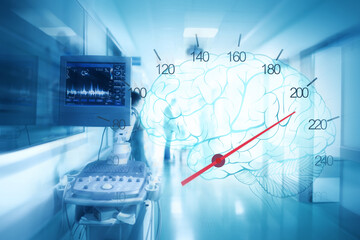 Medical staff and equipment in the ER hallway on the background of blood pressure monitor and brain images as a concept of rescue emergency care