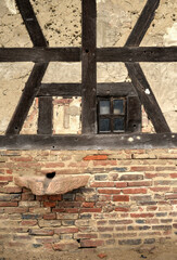 Panneau en torchis traditionnel de l'architecture bressane à la ferme de la Forêt à Courtes, Bresse, France