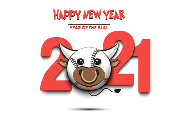 Greeting card design template with for New year 2021 of the bull. Baseball ball made in the form of a cow. 2021 and muzzle bull in the form of a baseball ball. Vector illustration