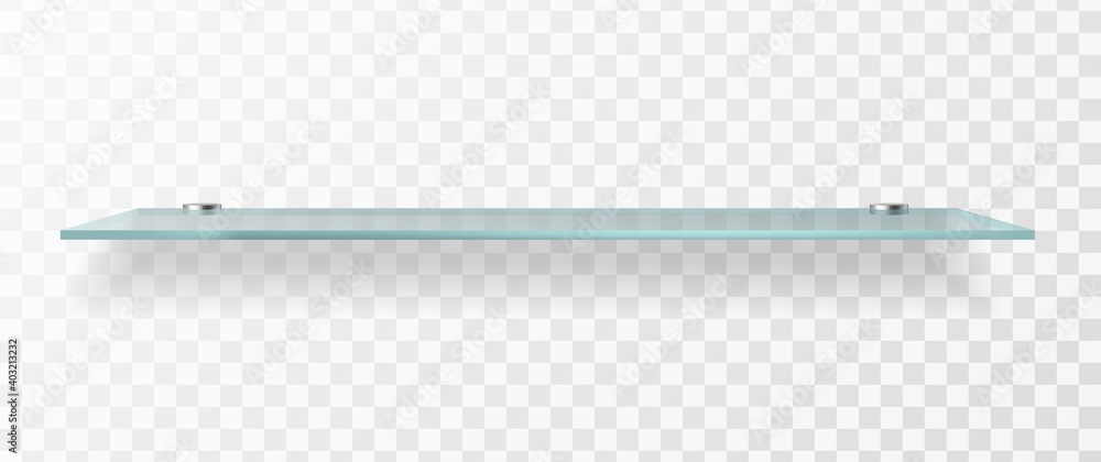 Poster glass shelf. transparent empty clear store shelving, realistic interior square glossy wall simple sh