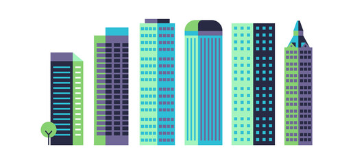 Minimal skyscrapers. Commercial architectural landscape, high multi-storey buildings, modern city urban panorama, simple geometric forms blue and green color vector flat set