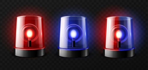 Realistic ambulance flashing. Red and blue rotating light alarm sirens front view, emergency alert lamps, fire department, police and medical cars beacon elements. Vector isolated set