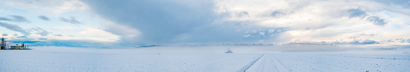 Panorama of agriculture fields covered with snow and fog in winter. Rural landscape.