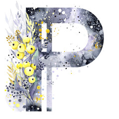 Watercolor Letter P «Shadows and sunlights». Colors of the Year 2021 - Ultimate Gray and  Illuminating Yellow. Yellow apples, grey blots and golden/white/yellow splashes.  Monogram P.