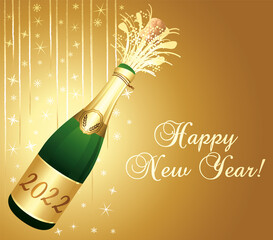 Gold greeting card 2022 Happy New Year with uncorked bottle of Champaign. Vector illustration.