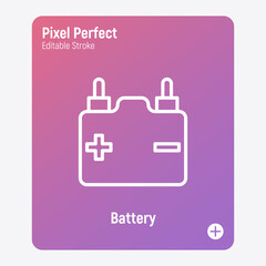 Car battery or accumulator thin line icon. Pixel perfect, editable stroke. Vector illustration.