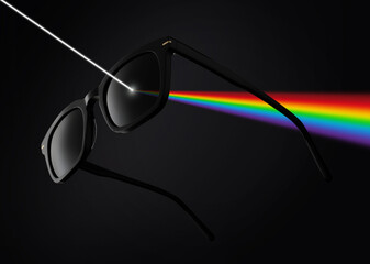 concept of polarized lenses, sunglasses isolated on black background filter the rays of sunlight, with rainbow colors illustration
