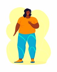 A young african american obese woman doing exercise. A girl working in sweat to get rid of belly fat. Obesity.