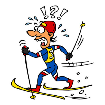 Cross-country skier rides the race with all his might to the finish line, color cartoon