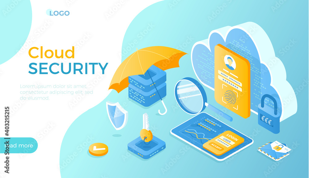 Poster cloud security, data protecting. safe hosting service, authorization, identification. secure backup 
