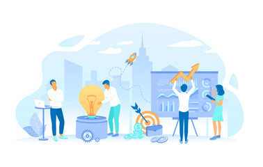 People put puzzles into a big light bulb. Social Innovation, Idea, Strategy, Technology, Communication, Teamwork, Work together. Working process, teamwork communication. Vector illustration