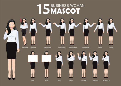 15 Business Woman Mascot, cartoon character style poses set vector illustration