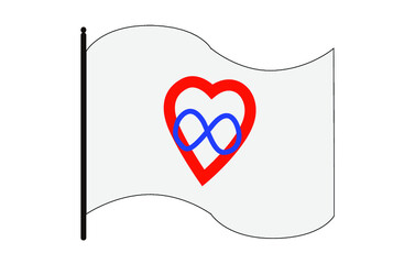 Vector illustration of waving Polyamory pride flag on white background: a red heart with a blue infinity symbol on white background. Polyamory community symbol.