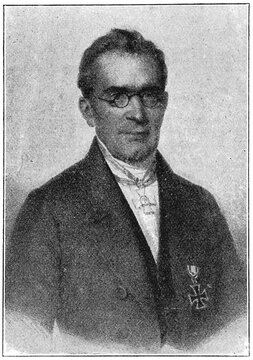 Portrait of Karl Johann Bernhard Karsten - a German mineralogist known for contributions made to the German metallurgy industry. Illustration of the 19th century. Germany. White background.