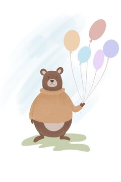 Children's image of a cute bear with balloons. Print for postcard, gift bag, packaging paper, sticker, logo, clothing print