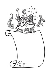 Cute kawaii cat with blank sign template monochrome