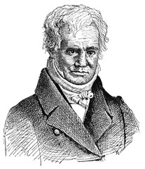 Portrait of Alexander von Humboldt - a German polymath, geographer, naturalist, explorer, and proponent of Romantic philosophy and science. Illustration of the 19th century. White background.