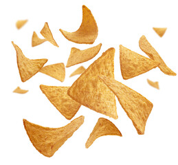 Corn chips of triangular shape levitate on a white background