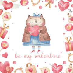 greeting card cute cat in love hugs a heart, children's illustration for Valentine's Day