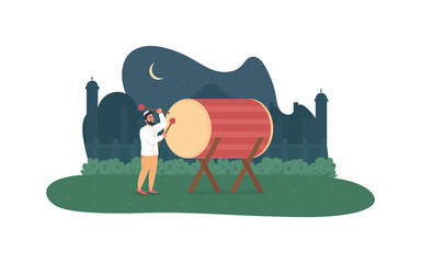 Ramadan kareem celebration 2D vector web banner, poster. Oriental mosque. Ramazan drummer flat characters on cartoon background. Indian culture printable patch, colorful web element