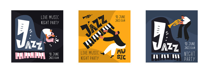 Music set of a jazz orchestra. Musicians play jazz instruments. Stylish jazz lettering. Vector music logos for printing products