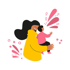 Happy mother with a baby in her arms. Concept for a mother's day greeting card. Vector illustration with women and children. Design element for postcards, posters, banners, and other uses.