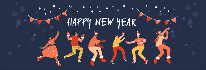 Young people dancing in the New year's party. The concept of a holiday, carnival, festival. People from all over the world celebrate Christmas and New year. Vector illustration