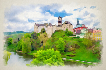Naklejka premium Watercolor drawing of Loket Castle Hrad Loket gothic style building on massive rock over Eger river and colorful buildings in Loket town