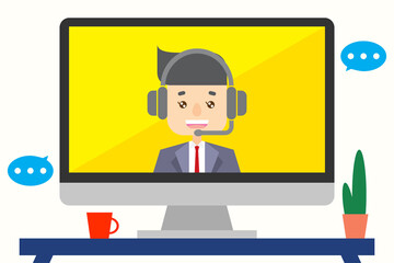 ヘッドセットをつけてオンラインで会話する男性のイラスト a man with a headset talking online 