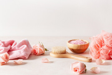body bathroom skincare and rose flowers. home spa treatment
