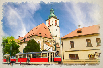 Fototapeta na wymiar Watercolor drawing of Catholic Church of St Henry and St Kunhuta Kostel and Typical old retro vintage tram on tracks in New Town Prague