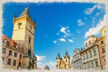 Fototapeta na wymiar Watercolor drawing of Prague Old Town Square (Stare Mesto) historical city centre with Astronomical Clock Orloj and Tower of Old Town City Hall