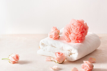 body bathroom skincare and rose flowers. home spa treatment