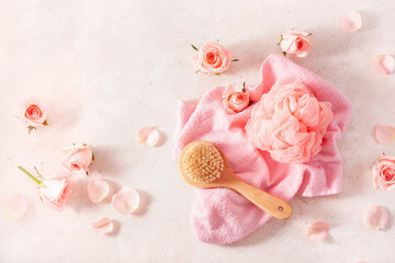 Fototapeta na wymiar body bathroom skincare and rose flowers. home spa treatment