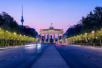 Poster Brandenburg gate and tv tower at dusk, Berlin, Germany © eyetronic