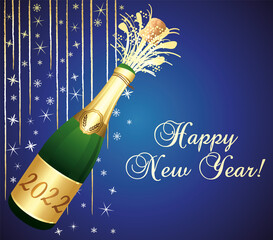 Gold and blue greeting card 2022 Happy New Year with uncorked bottle of Champaign. illustration.