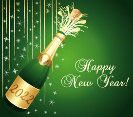 Gold and green greeting card 2022 Happy New Year with uncorked bottle of Champaign. Vector illustration.