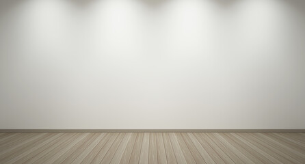 3d rendering of interior. Empty white wall with downlight and light wooden floor. Minimal design. Empty interior background.
