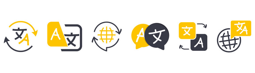 Set of icon for translator app. Chat bubbles with language translation icons in different styles. Online multi language translator. Translation app icon. Online Translator. Multilingual communication © SMUX