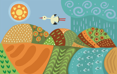 Abstract field or vegetable garden. Image of farm with crop. River or lake with fish. Hills with trees. Beautiful garden. Village landscape with rain. 