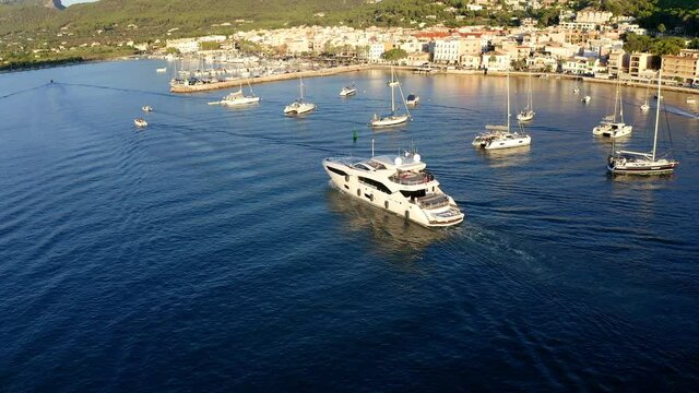 Aerial view, flight at Andratx, Port d'Andratx, coast and natural harbor at dusk, Malloca, Balearic Islands, Spain